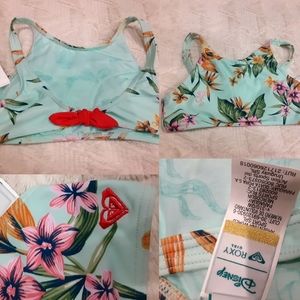 Disney Girls Aqua Floral Swim Top with Red Bow Accent